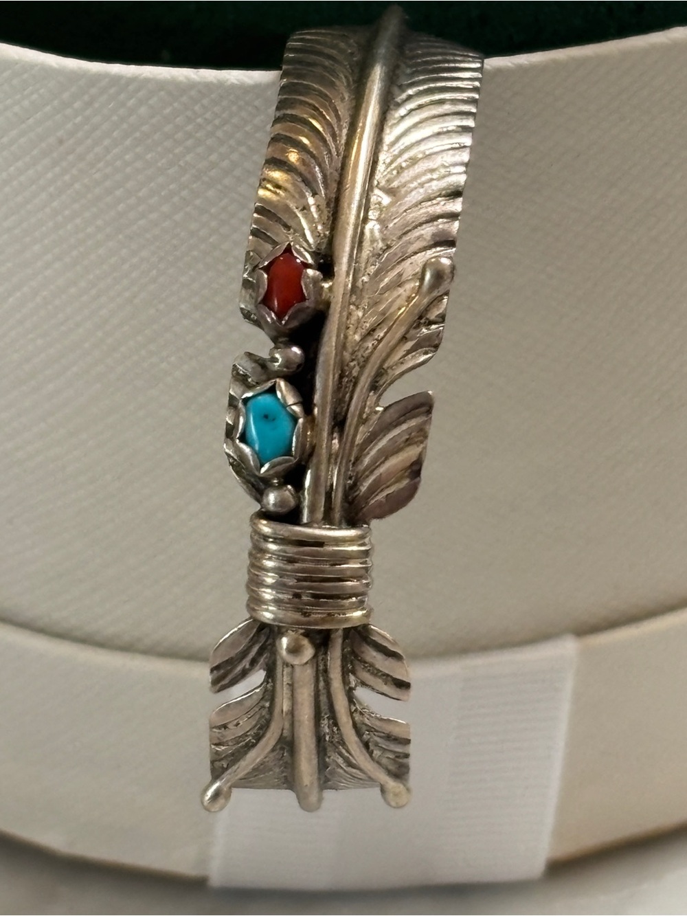Sterling Feather Cuff Bracelet with Turquoise and Red Stone
